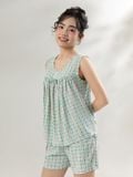  Bộ WONNER by WINNY mặc nhà tole lanh quần ngắn không tay màu kẻ caro xanh lá 2MNLA26004N 