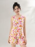  Bộ WONNER by WINNY mặc nhà tole lanh quần ngắn không tay màu hoa to hồng 2MNLA26008N 