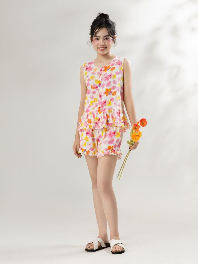 Bộ WONNER by WINNY mặc nhà tole lanh quần ngắn không tay màu hoa to hồng 2MNLA26008N