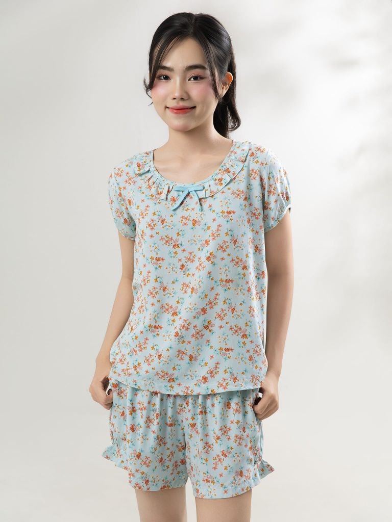 Bộ WONNER by WINNY mặc nhà tole lanh quần ngắn tay ngắn màu hoa nhí xanh mint 2MNLA26016N