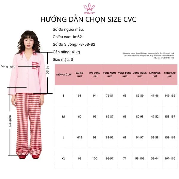 Bộ WINNY mặc nhà cotton CVC quần dài tay dài màu hồng đỏ 1MNCT26007D