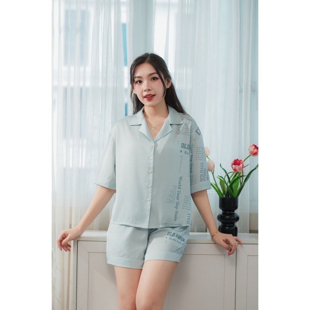Bộ đồ ngủ Pijama lụa satin quần ngắn tay ngắn  -  1MNSA25071C