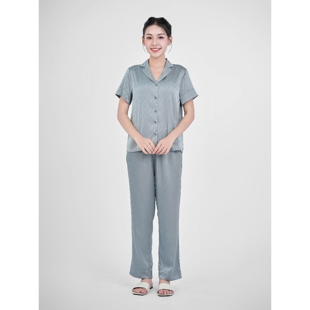 Bộ đồ ngủ Pijama lụa satin quần dài tay ngắn  -  1MNSA24122D