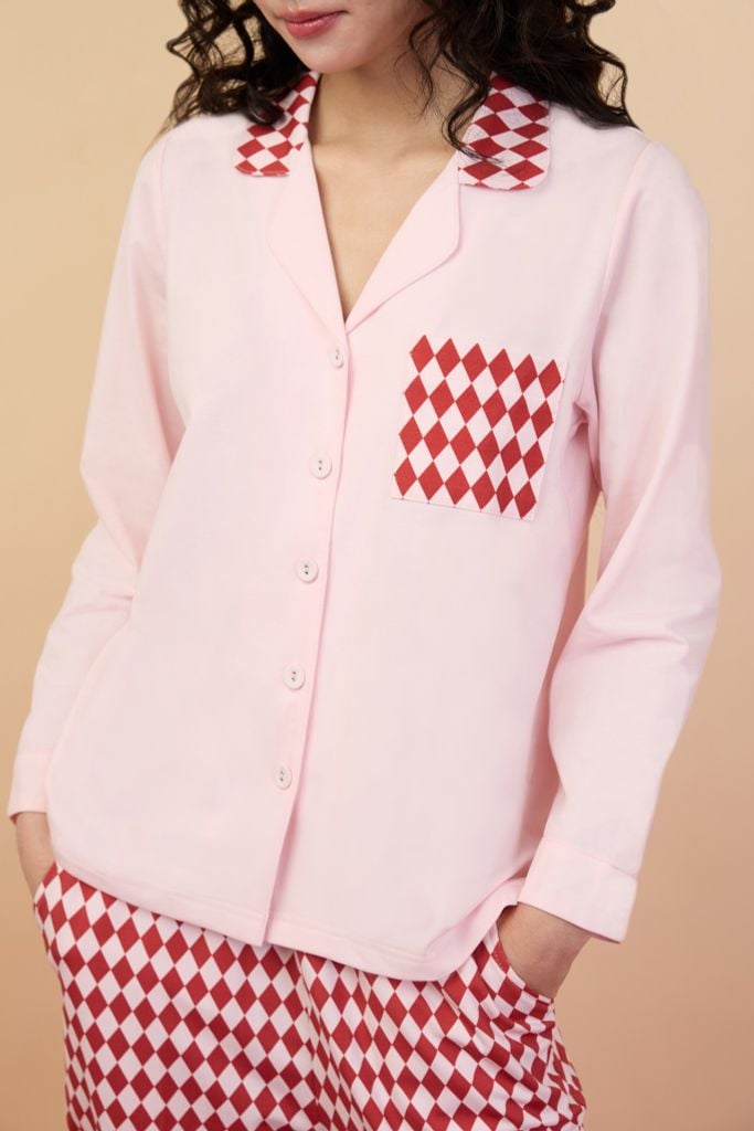 Bộ WINNY mặc nhà cotton CVC quần dài tay dài màu hồng đỏ 1MNCT26007D
