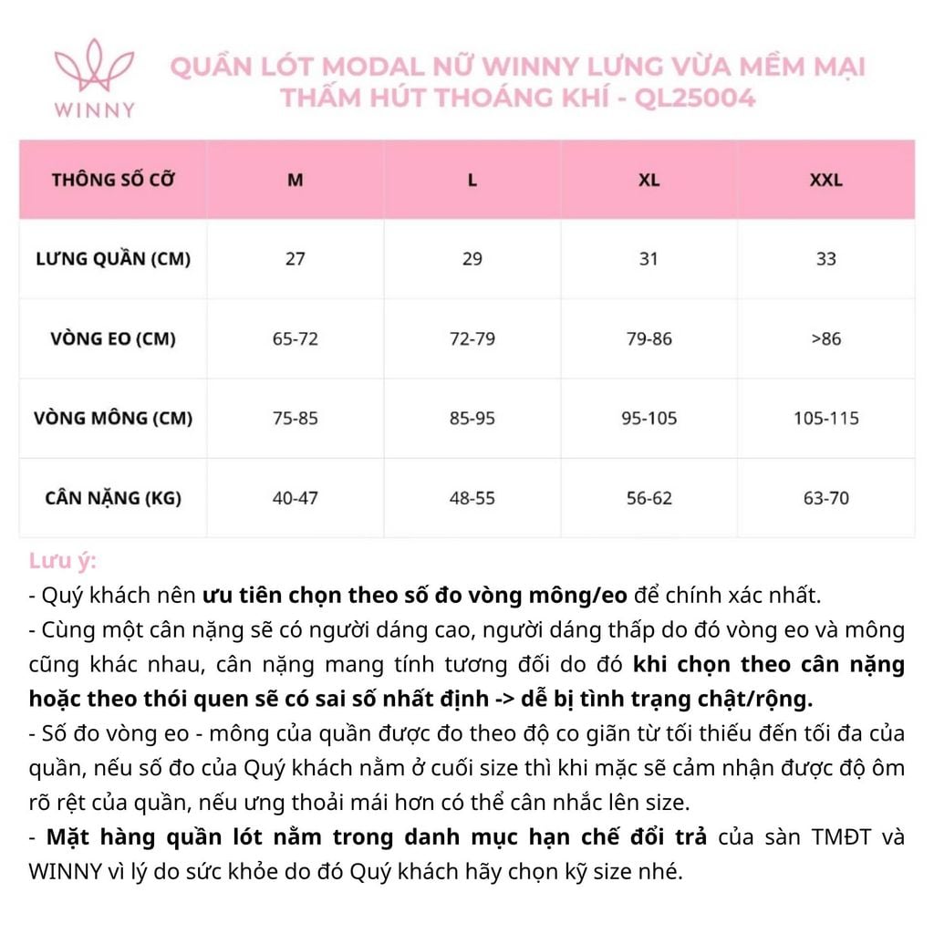 Quần lót modal nữ Winny lưng vừa mềm mại thấm hút thoáng khí QL25004 - Đen