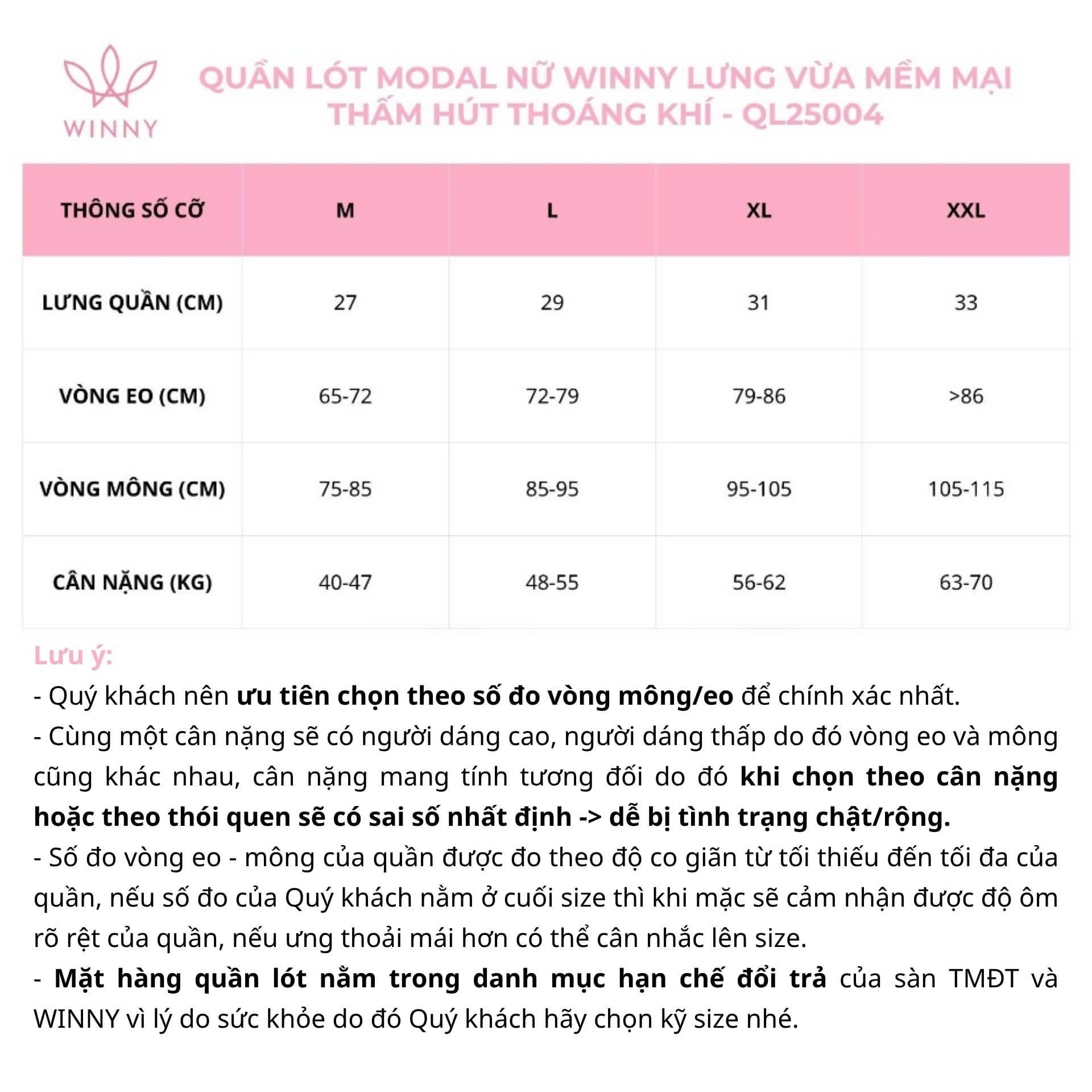 Quần lót modal nữ Winny lưng vừa mềm mại thấm hút thoáng khí QL25004 - Đen