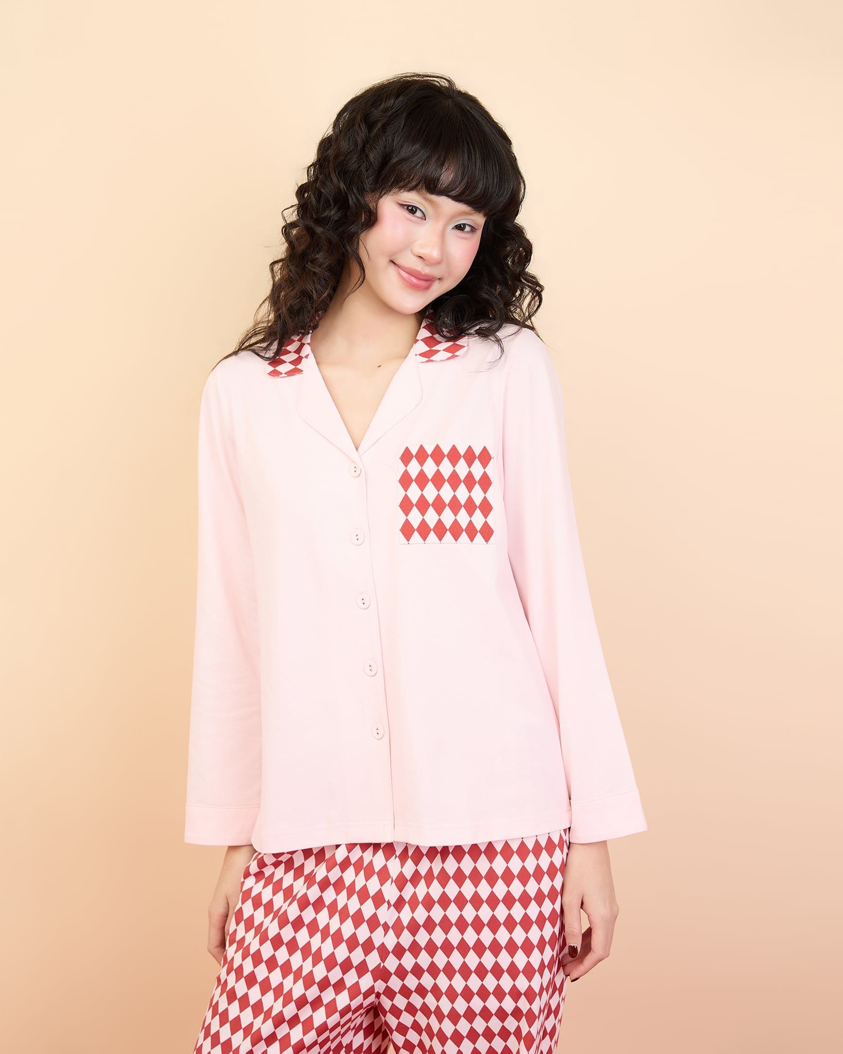  Bộ WINNY mặc nhà cotton CVC quần dài tay dài màu hồng đỏ 1MNCT26007D 