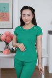  Bộ WONNER by WINNY mặc nhà cotton CVC quần dài tay ngắn màu xanh lá cây 2MNCV26003D 