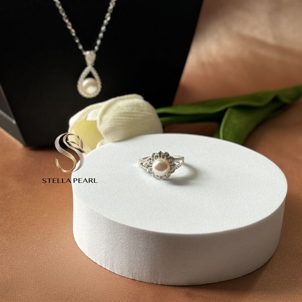  Nhẫn bạc S925 hình hoa 8 cánh đính ngọc trai 7.5 ly thanh lịch 