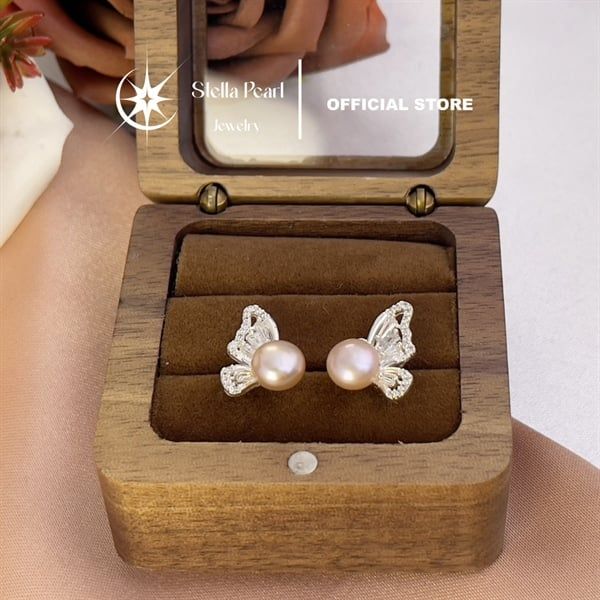  Bông tai ngọc trai hồ điệp màu cam ngọc 7.5mm -Stella Pearl E56301 