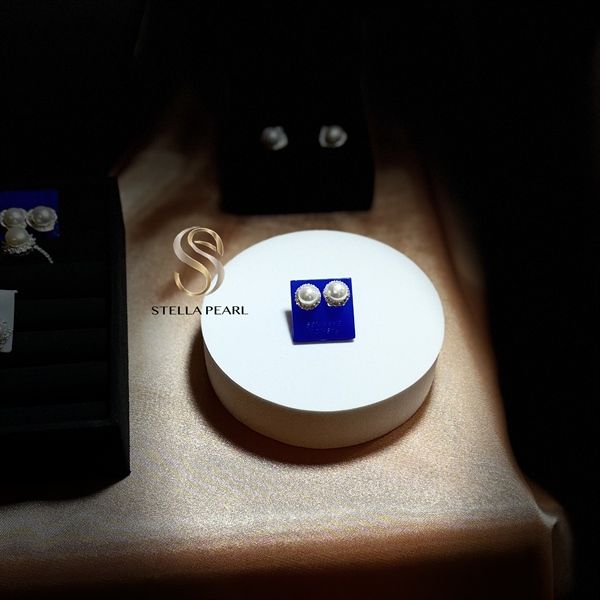  Bông tai nụ tròn bạc S925 đính ngọc trai 8 ly truyền thống 