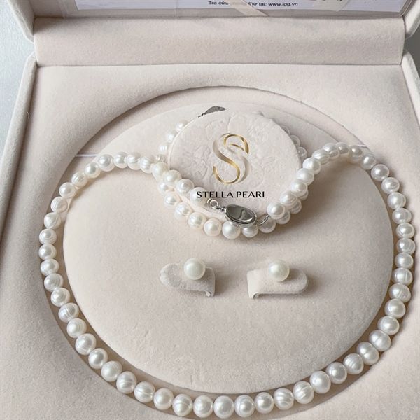  Bộ trang sức ngọc trai trứng kèm giấy kiểm định màu trắng ánh kem 
