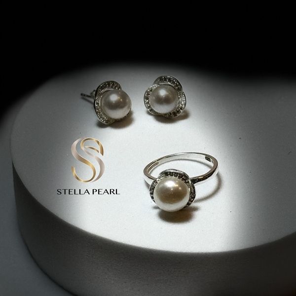  Nhẫn bạc S925 hình hoa 3 cánh đính ngọc trai 9 ly 