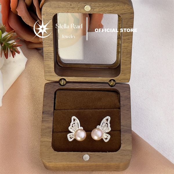  Bông tai ngọc trai hồ điệp màu hồng tím ngọc 7.5mm -Stella Pearl E56302 