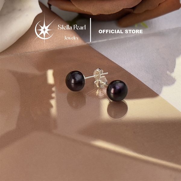  Bông tai nụ ngọc trai chốt đẩy bạc S925 7-8mm màu ĐEN ánh tím sang trọng - Stella Pearl E56304 