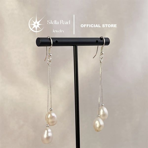  Bông Tai Dài Ngọc Trai Trứng 8x11mm – Móc & Dây Bạc | Stella Pearl E56505 