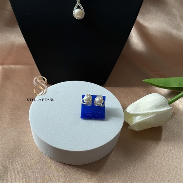  Bông tai bạc S925 trái tim đính ngọc trai 8 ly 