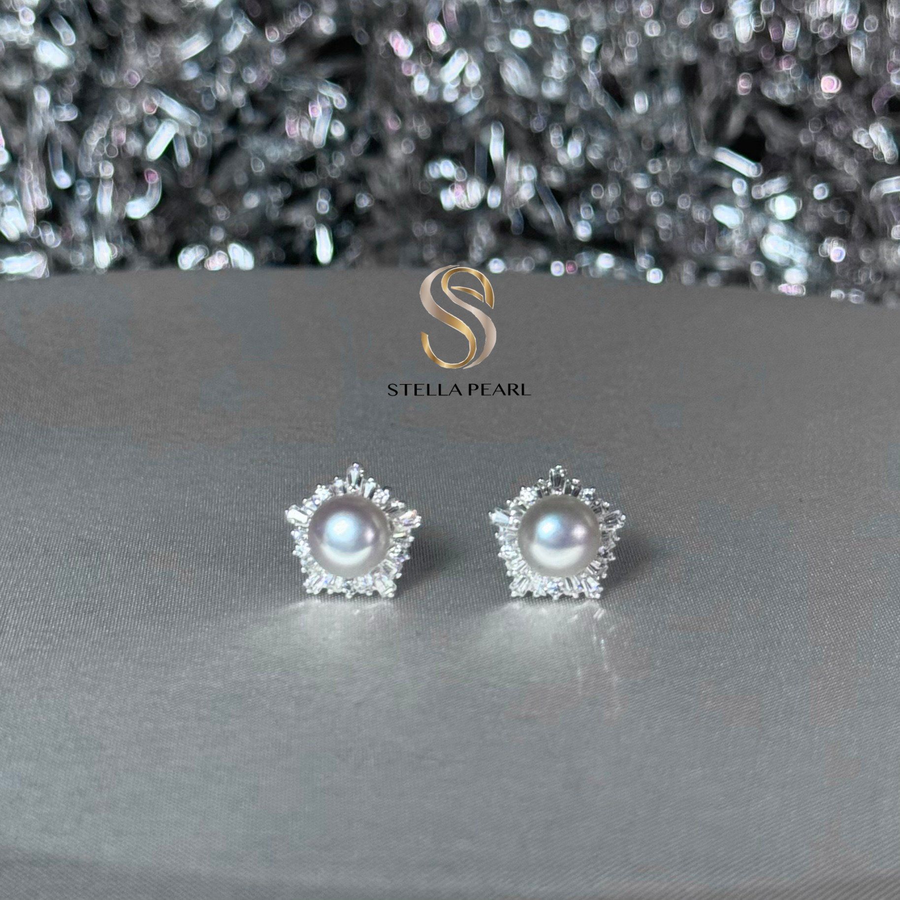  Bông tai bạc S925 hoa tuyết 5 cánh đính ngọc trai nước ngọt 7-8 ly - Stella Pearl E52105 