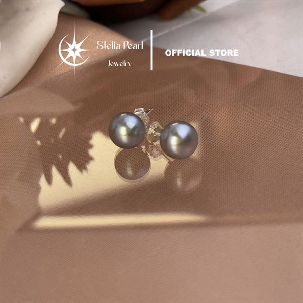  Bông tai nụ ngọc trai chốt đẩy bạc S925 7-8mm màu xám sang trọng - Stella Pearl E56303 