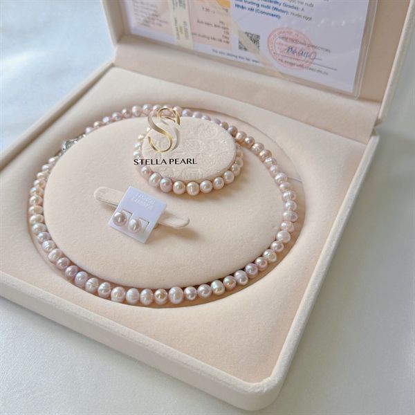  Bộ trang sức ngọc trai trứng kèm giấy kiểm định màu hồng ánh cam 