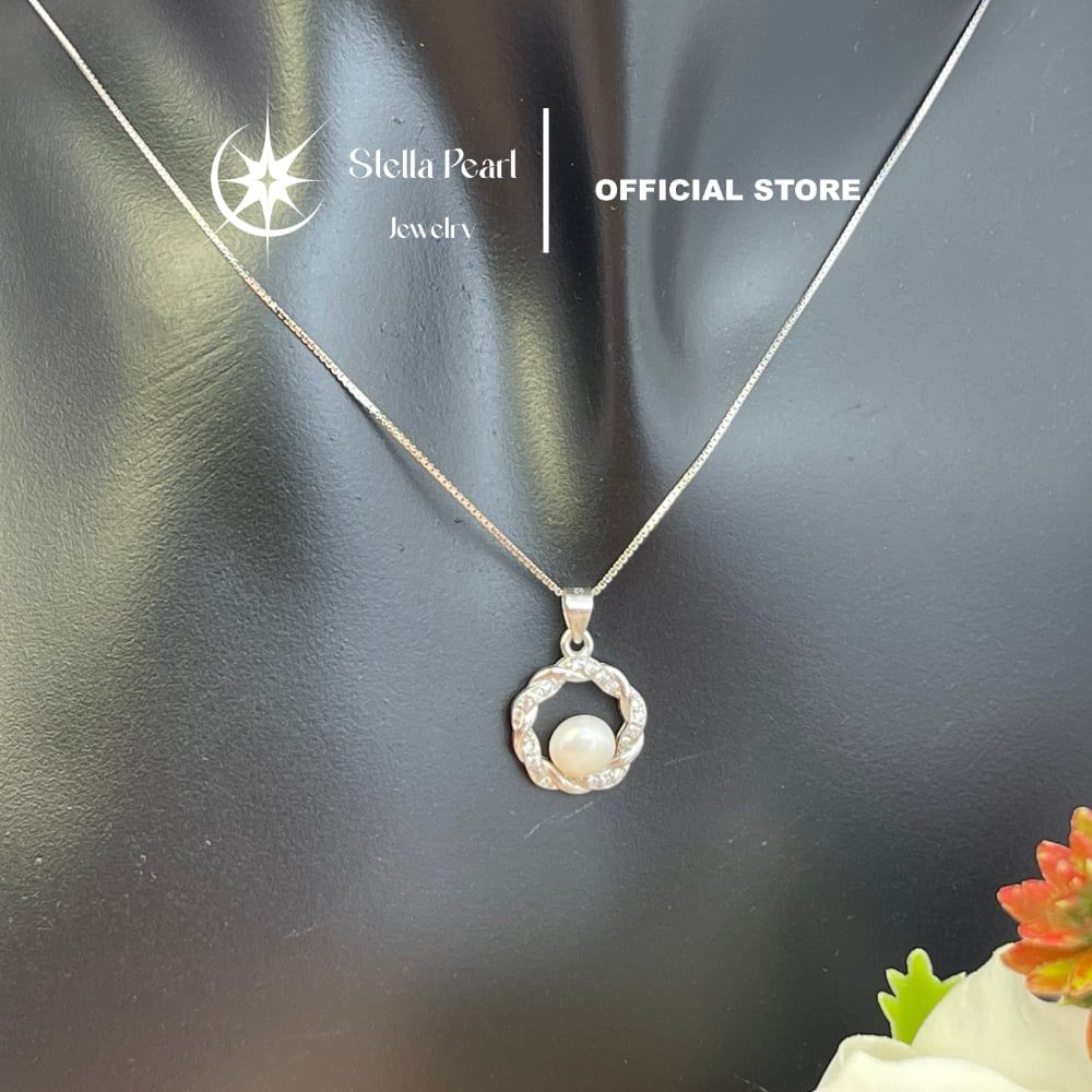  Mặt dây chuyền ngọc trai 6mm bạc xi kim – Vòng xoắn đính đá CZ tinh tế Stella Pearl | C512401 