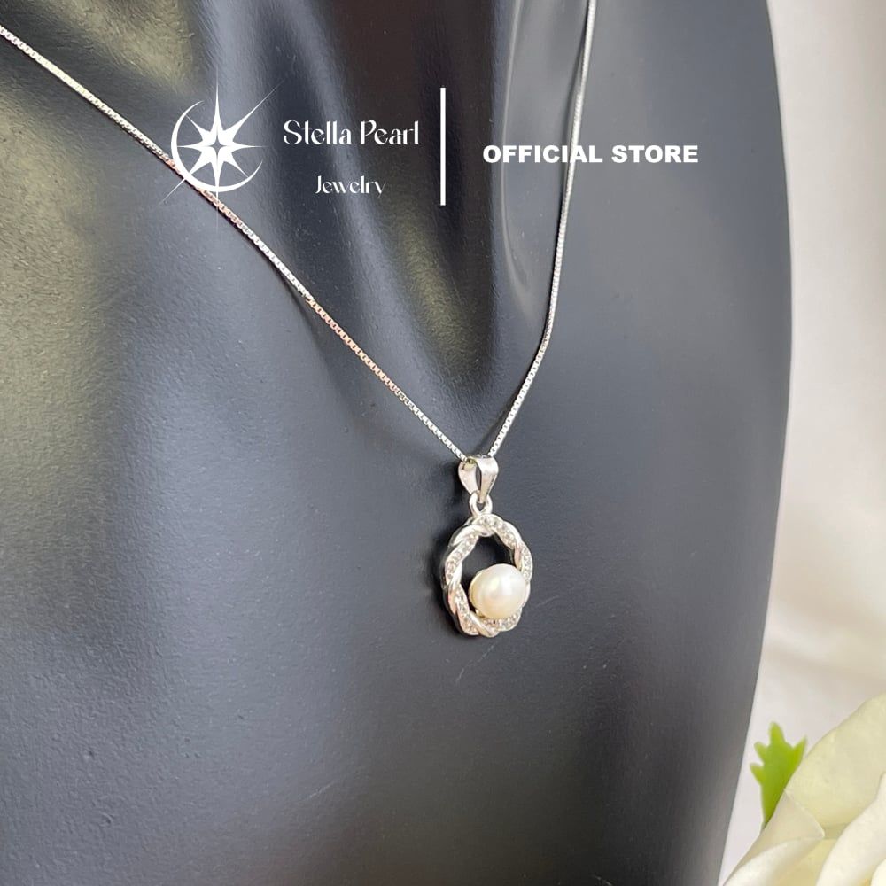  Mặt dây chuyền ngọc trai 6mm bạc xi kim – Vòng xoắn đính đá CZ tinh tế Stella Pearl | C512401 
