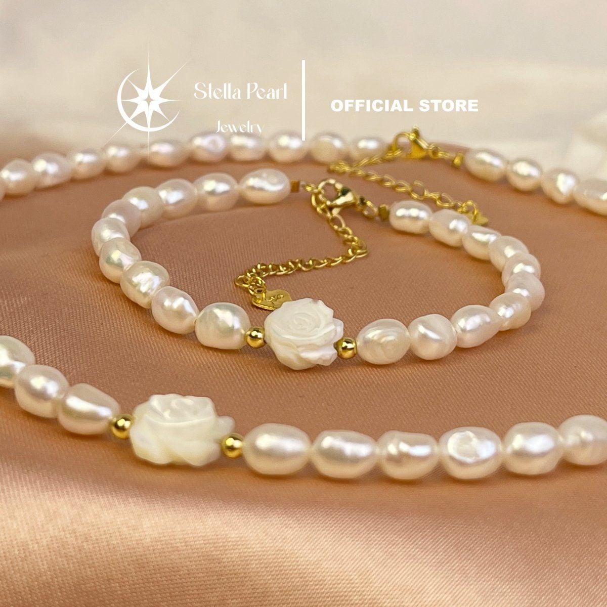  Bộ trang sức ngọc trai dáng gạo charm hoa khảm vỏ trai sò - Stella Pearl S510121 