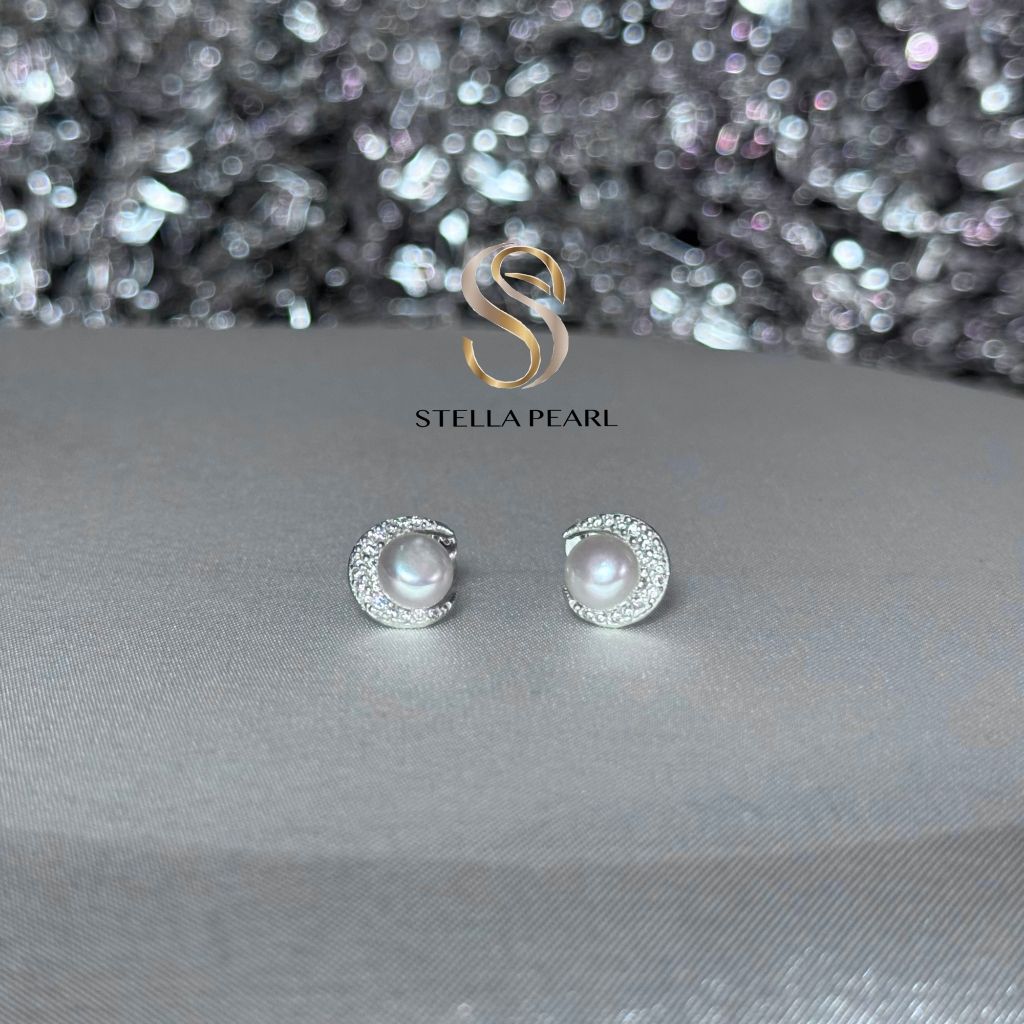  Bông tai ngọc trai thật xinh nhiều kiểu dáng phối bạc S925 Stella Pearl đơn giản dễ phối đồ - Mặt trăng 