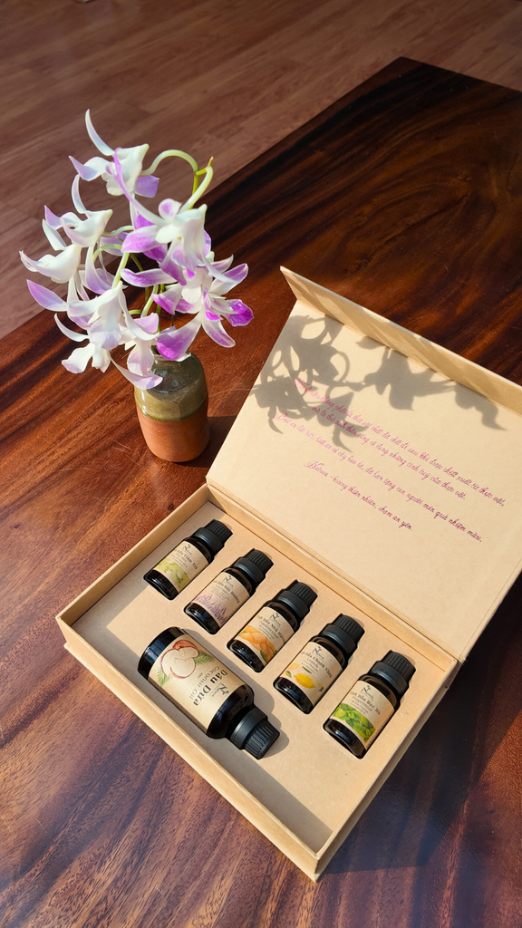 Set 5 Tinh Dầu Đa Năng Natuca: Oải Hương, Nhũ Hương, Tràm Trà, Bạc Hà, Chanh Vàng Kèm Dầu Dừa