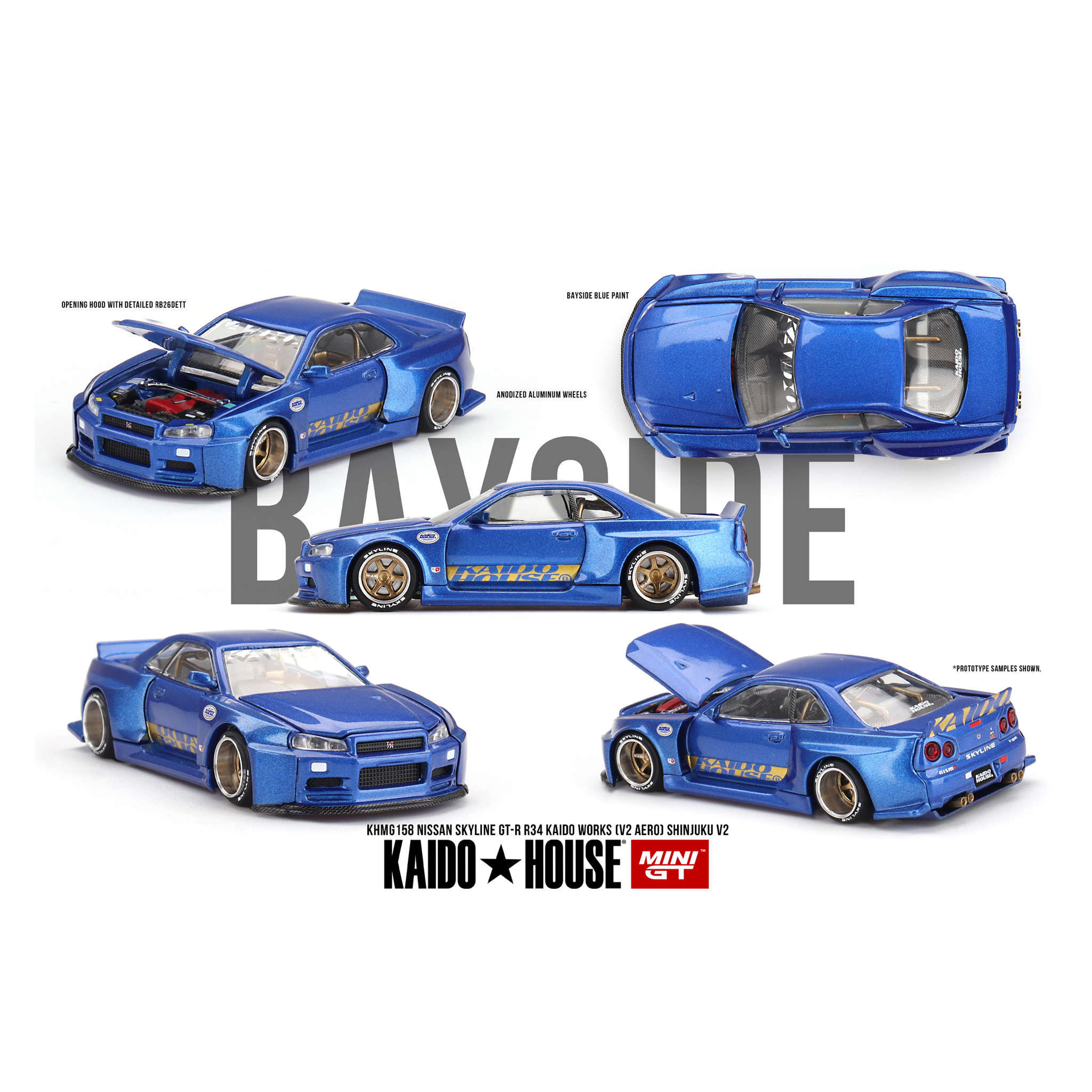 Kaido House 日産スカイライン R34 DGK ピン付き。 NISSAN SKYLINE GT-R (R34) KAIDO HOUSE X DGK V1 - MINI GT x