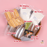  Set nguyên liệu làm Bánh tiramisu (set 2 vị) 12-14 hũ (100ml/hũ) hoặc 2 hộp giấy oval (750ml/hộp) 