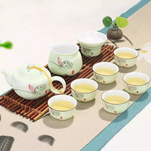 Bộ Ấm Trà Đạo Gốm Sứ Trung Hoa Tiết Hoa Sen