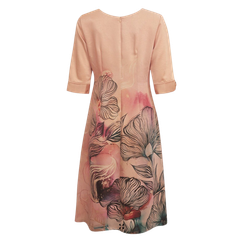 Hạnh Đầm suông cổ tròn họa tiết lá, tay ngắn cách điệu