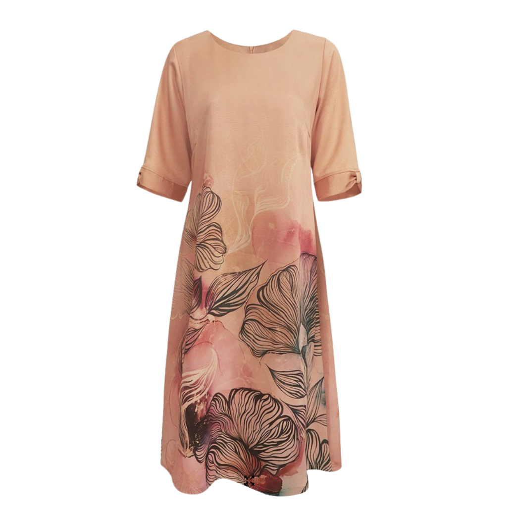 Hạnh Đầm suông cổ tròn họa tiết lá, tay ngắn cách điệu