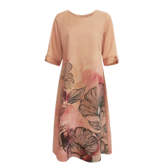 Hạnh Đầm suông cổ tròn họa tiết lá, tay ngắn cách điệu