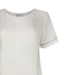 Hạnh Áo cổ tròn thêu họa tiết, tay ngắn, lai xẻ