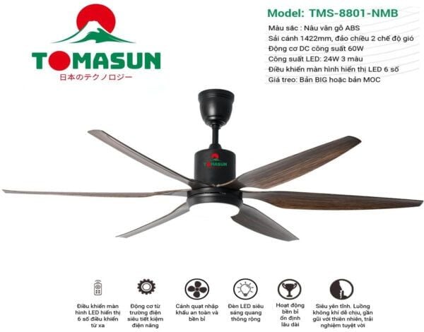  Quạt Trần đèn Tomasun TMS-8801-NMB, 6 cánh, sải cánh 1470mm, có khiển, đảo chiều 2 chế độ gió, màu nâu vân gỗ, PRC 
