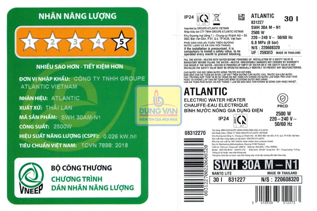 Bình nóng lạnh Atlantic Nanto LITE SWH 30A M-N1, 30 lít, 2500W, bình vuông, Thái Lan chính hãng Dũng Vân Quảng Ninh