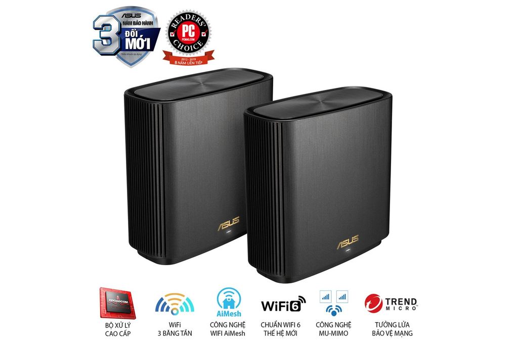 Bộ phát wifi 6 Asus ZenWiFi XT8 2-Pack Đen (Chuẩn AX/ AX6600Mbps/ 6 Ăng-ten ngầm/ Wifi Mesh/ 55 User)