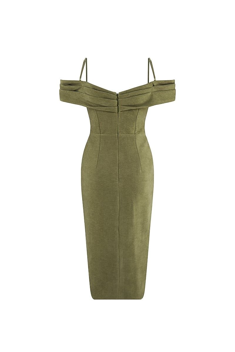  Off-Shoulder Draped Olive Green Midi Dress 