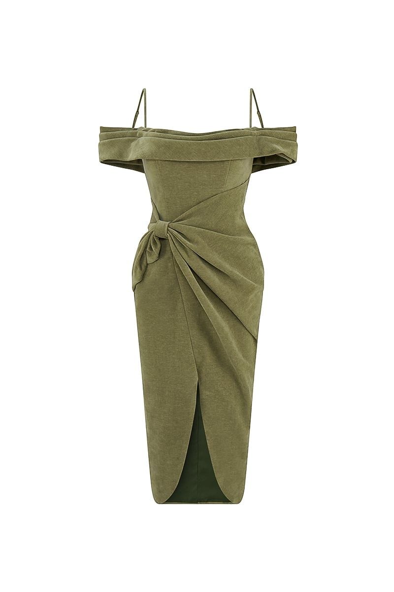  Off-Shoulder Draped Olive Green Midi Dress 