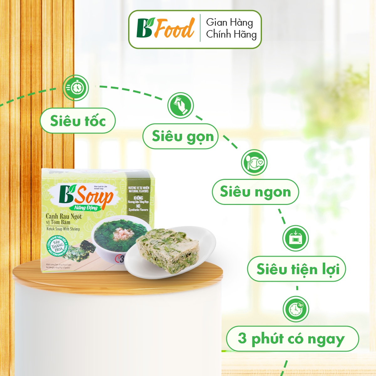  Viên canh ăn liền Rau Ngót Tôm Bằm, sấy thăng hoa, thực phẩm tiện lợi nhanh chóng, B' Soup 