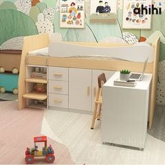 Giường tầng thấp ahihi215 – Tích hợp bàn học và tủ