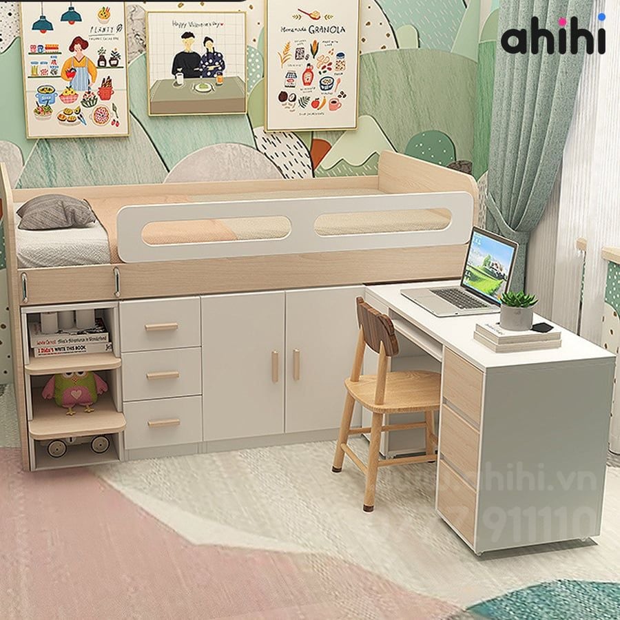 Giường tầng thấp ahihi215 – Tích hợp bàn học và tủ