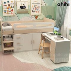 Giường tầng thấp ahihi215 – Tích hợp bàn học và tủ