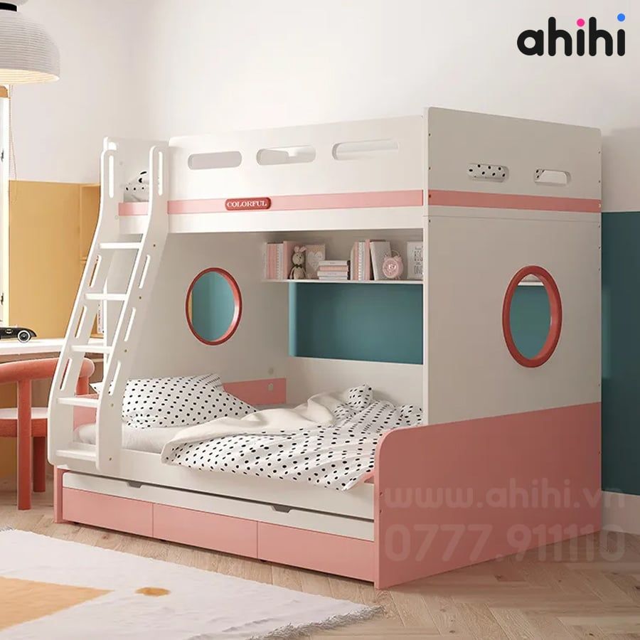 Giường tầng trẻ em AHIHI03 – Có bàn học và tủ lưu trữ
