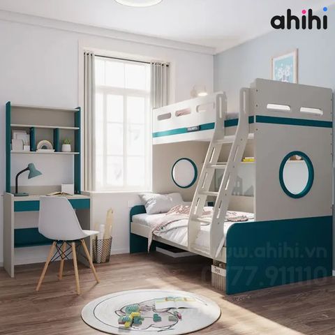 Giường tầng trẻ em AHIHI03 – Có bàn học và tủ lưu trữ