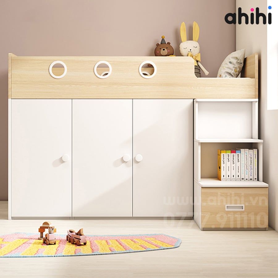 Giường tầng thấp ahihi213 -  Đa năng có tủ và kệ sách cho Bé