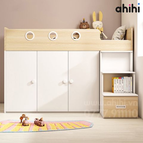 Giường tầng thấp ahihi213 -  Đa năng có tủ và kệ sách cho Bé