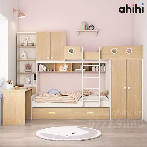 Giường tầng trẻ em Ahihi12 – Tích hợp bàn học, tủ và ngăn kéo